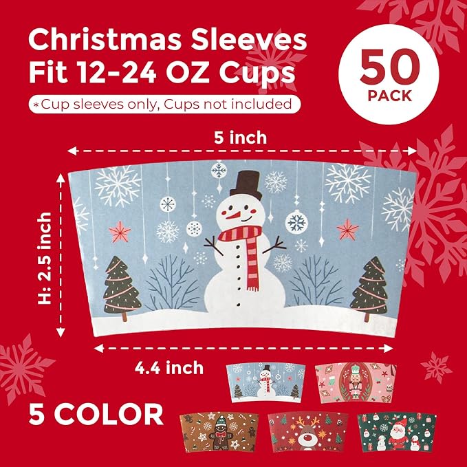 FMP Brands 50 Pack Christmas Paper Coffee Cup Sleeves, Disposable Holiday - Image 2