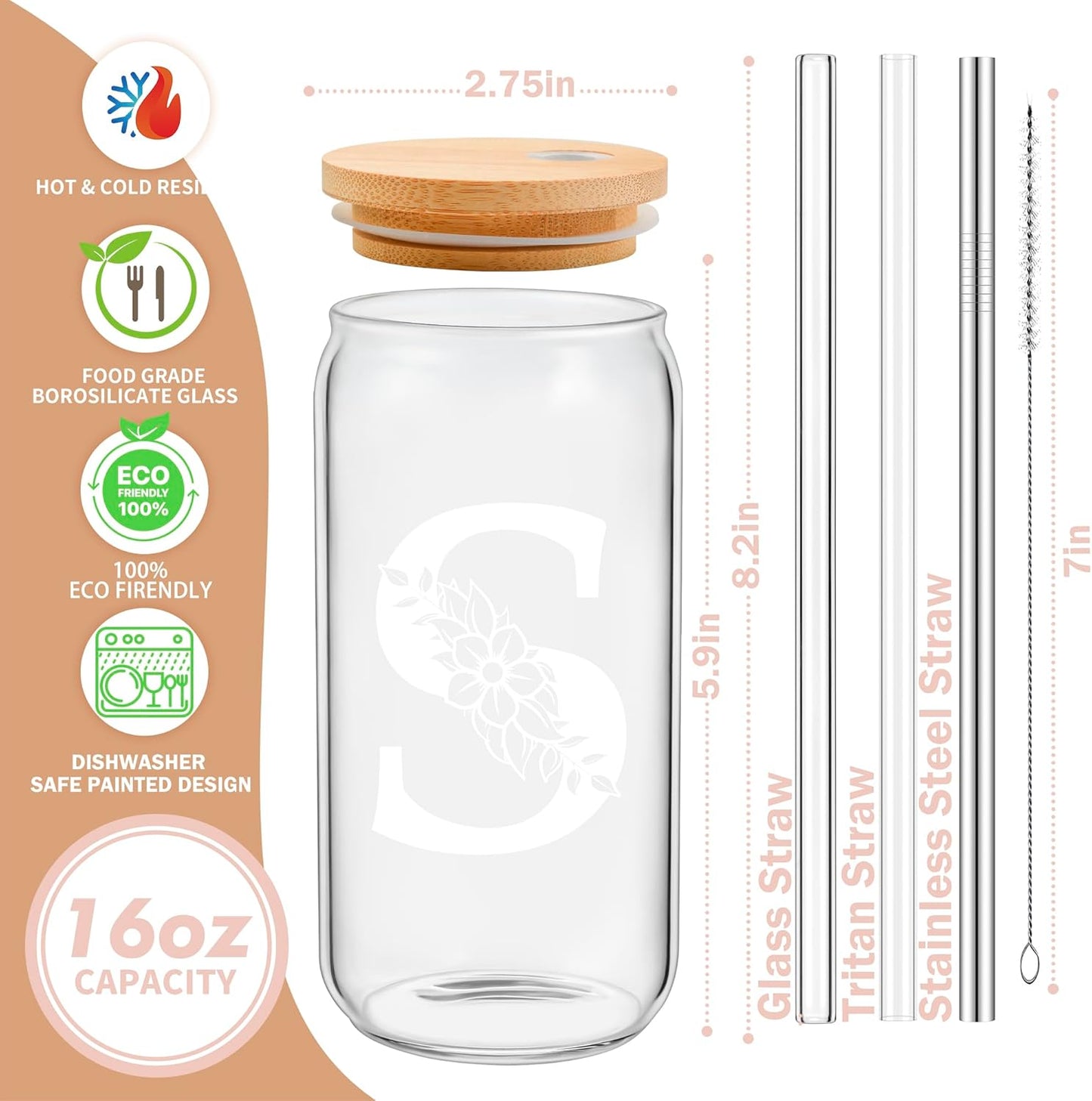 Personalized Gifts for Women, Monogrammed Glass Cups with Lids and Straws, Custom Tumbler, Cute Customized Mug, Aesthetic Stuff, Initial Iced Coffee Cup, Drinking Glasses, Birthday Teacher Gifts, G