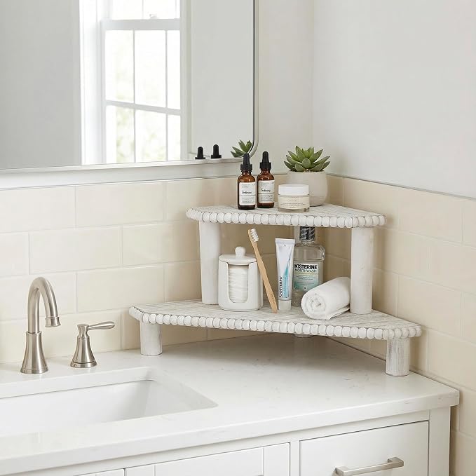2-Tier Rustic Corner Shelf for Kitchen Counter, Wood Beaded Farmhouse - Image 8