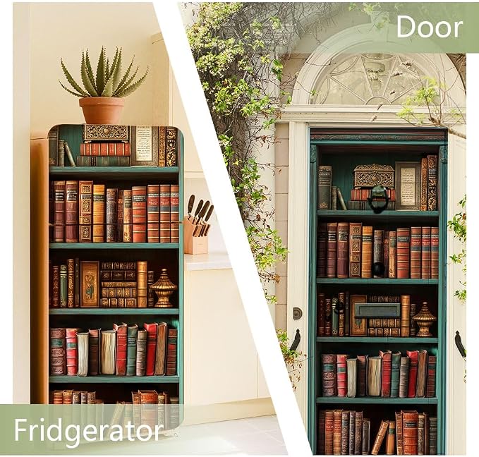2 Pcs Vintage Bookshelf Removable Refrigerator Wraps, Self-Adhesive Retro - Image 4