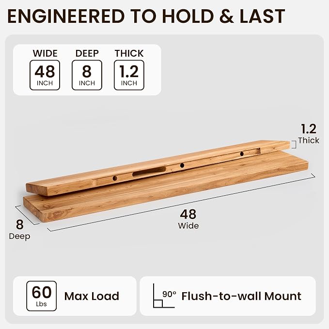 Fun Memories 48 Inch Floating Shelf, 8 Inch Deep Rounded Reclaimed Long Elm - Image 2
