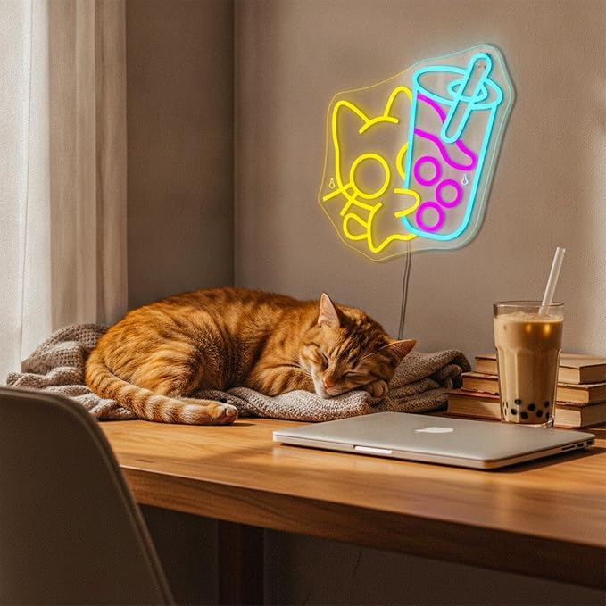 Looklight Cat Boba Tea Neon Sign Yellow Cute Kitty Bubble Tea Neon Signs - Image 4