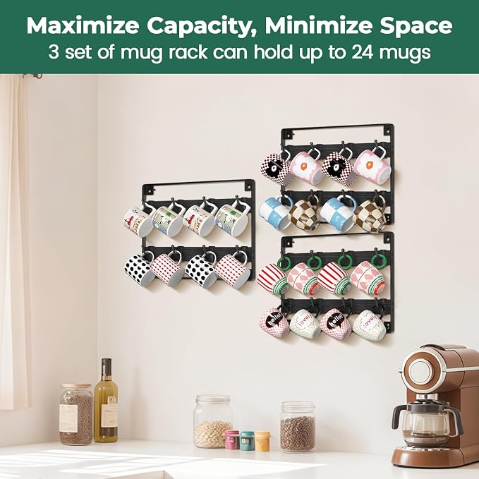 EsLuker.ly Mug Holder Hanger Rack Wall Mounted Wooden 3 Pack Coffee Cup Storage - Image 3