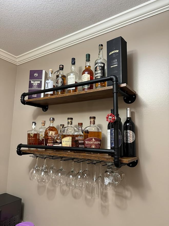 Wine Rack Wall Mounted 2 Tier, Hanging Floating Bar Liquor Shelves - Image 6