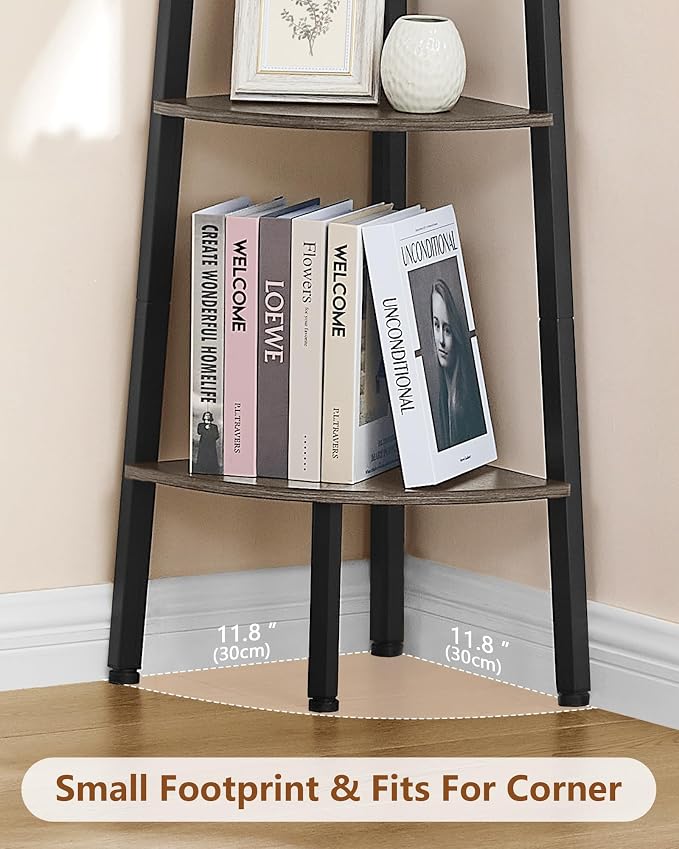 Hoctieon Corner Shelf, 4-Tier Corner Bookshelf, Rustic Ladder Shelf, Industrial - Image 5