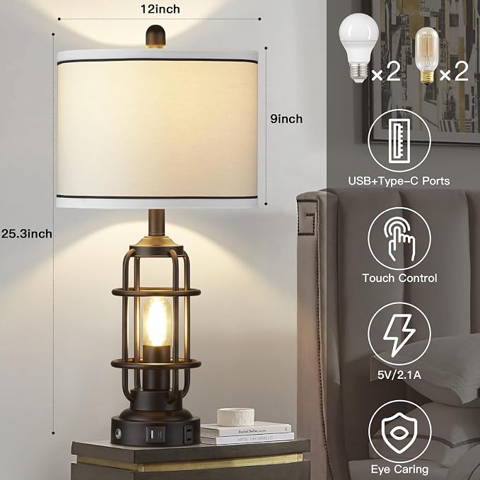 Modern Table Lamps Set of 2, Industrial 3-Way Dimmable Bedside Lamp - Image 2