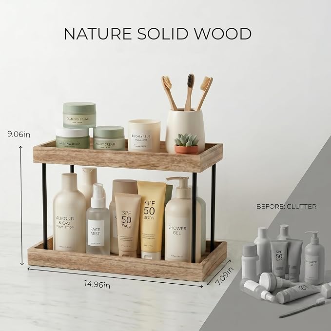 WOPITUES Bathroom Counter Organizer, 2 Tier Perfume Organizer, Wooden Bathroom - Image 3