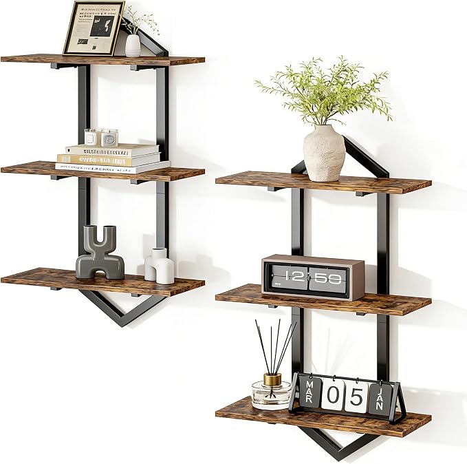 3 Tier Floating Shelves, Modern Geometric Wooden Shelf by Unknown