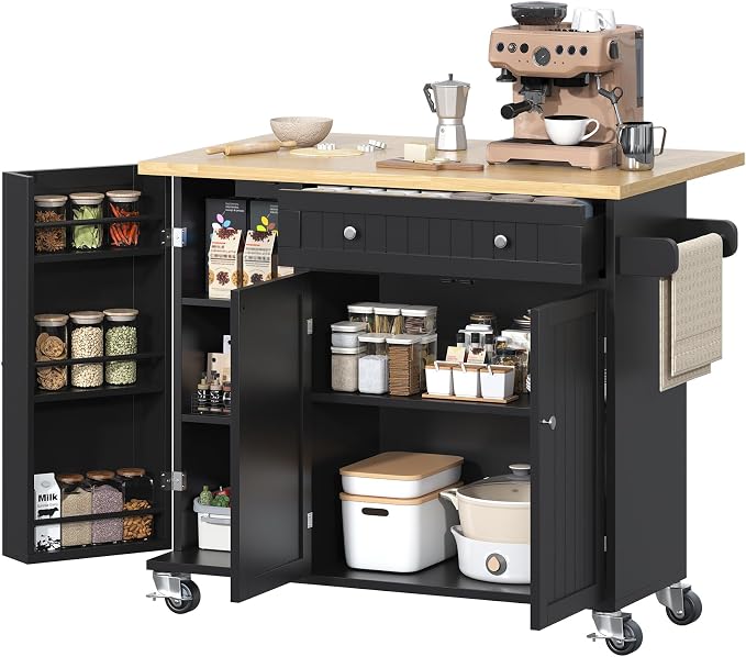 Bigbiglife Kitchen Island with Drop Leaf, Island Table on Wheels with Storage by Bigbiglife