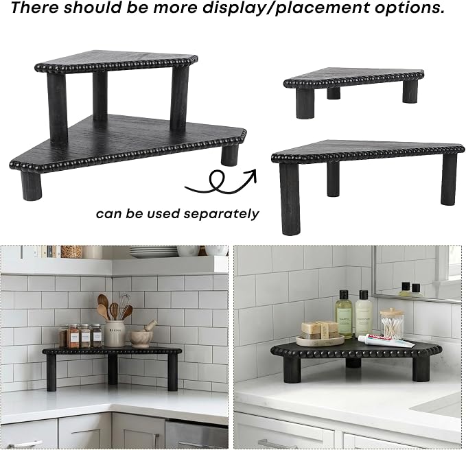 2-Tier Rustic Corner Shelf for Kitchen Counter, Wood Beaded Farmhouse - Image 6
