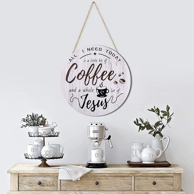 HMASYO Rustic Wood Coffee Bar Sign, 'A Little Coffee & Jesus', - Image 2
