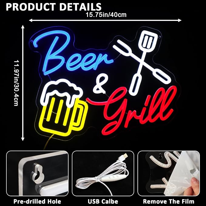 Beer And Grill Neon Sign for Wall Decor, Grilling Led Signs for BBQ Bar - Image 2