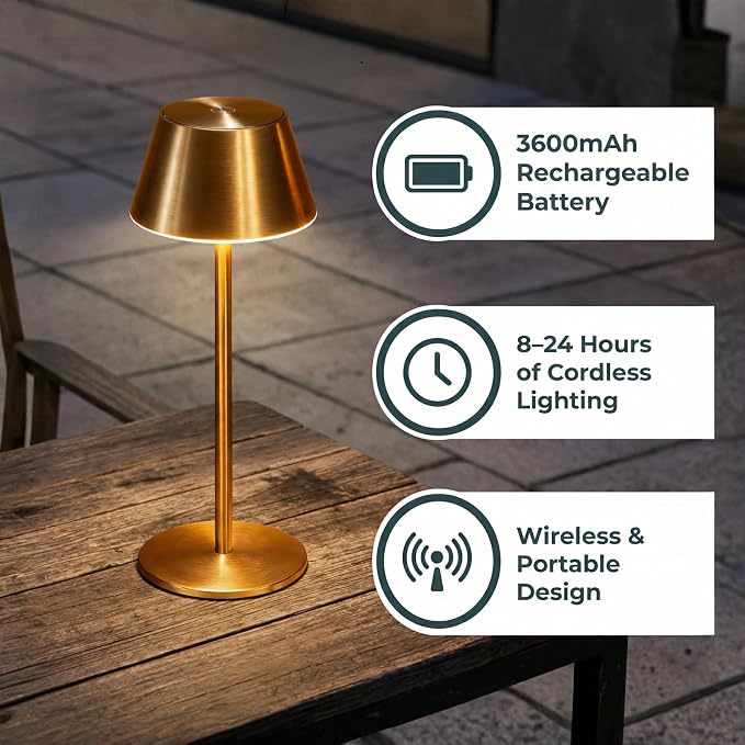 Gold Cordless Table Lamp, Premium All-Metal Brushed Wireless Rechargeable Lamp - Image 6
