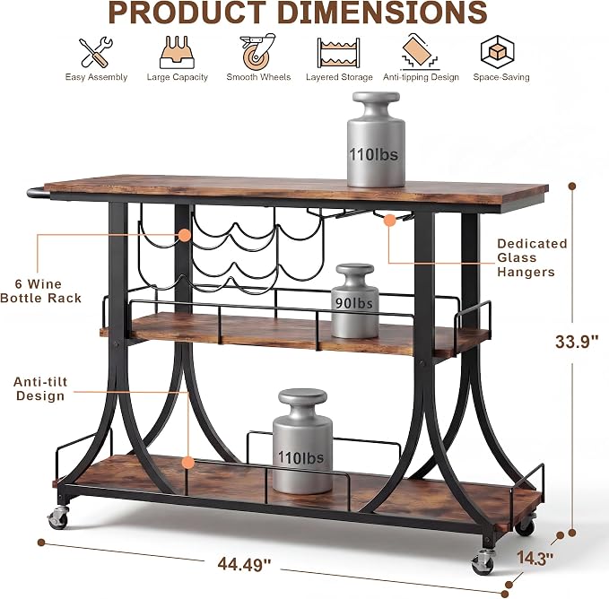PETKABOO 3-Tier Rustic Wooden Bar Cart - Image 3