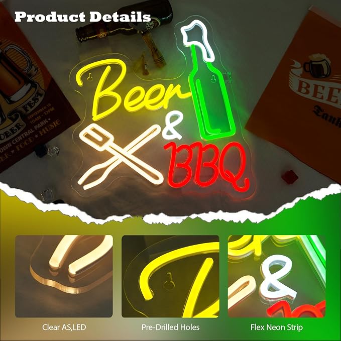 Neon Beer Signs for Wall Wine Decor LED BBQ Sign Light Up Bar Backyard Party - Image 4