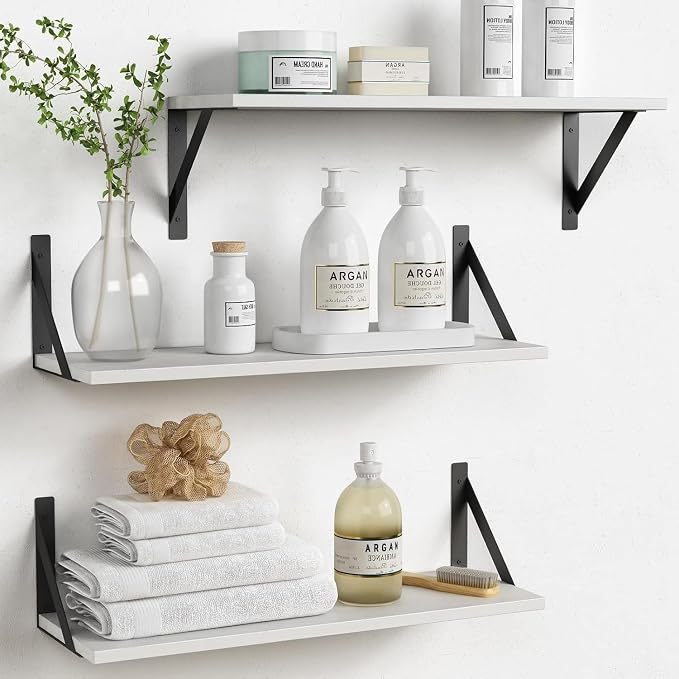White Floating Shelves 24 inches Long Set of 3, 24 x 8 Inch Bathroom Wall by Forbena