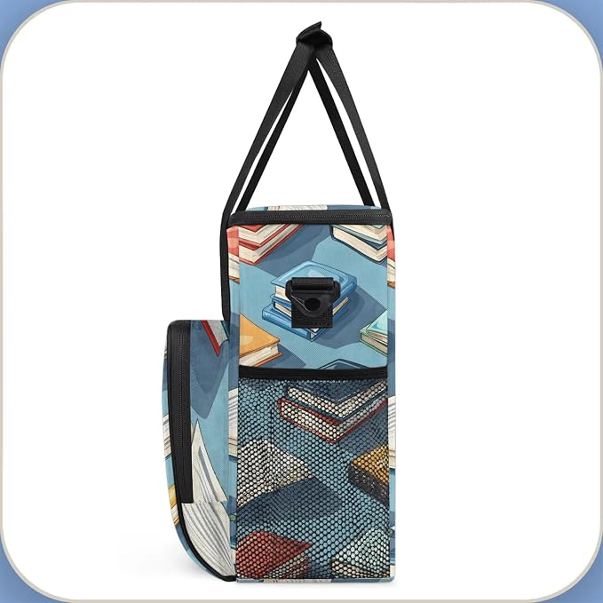 Books Pattern Coffee Maker Carring Bag, Large Insulated Storage Organizer Case - Image 4