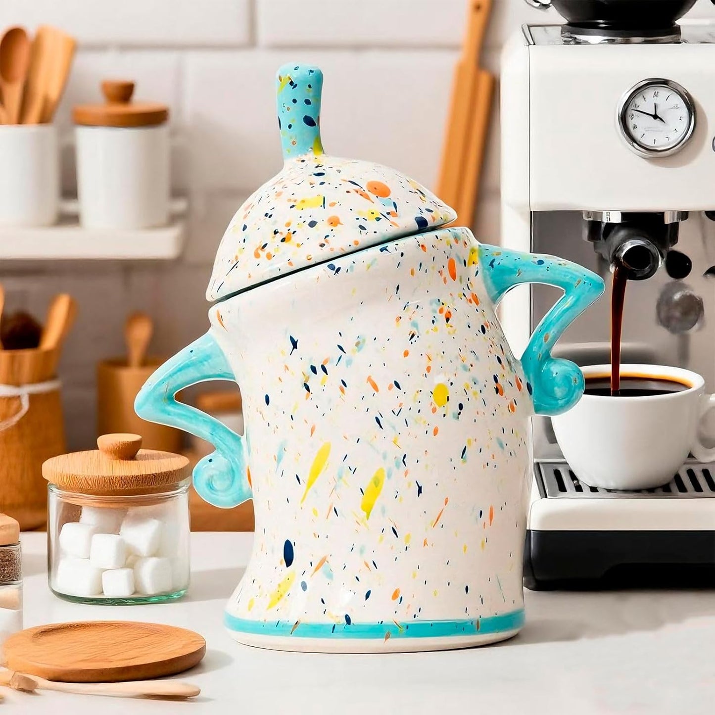 Canister With Attitude,Large Capacity Cute Sassy Storage Canister,Interesting food jars, stylish airtight large ceramic lids, coffee, tea, sugar and spice storage jars with spoons (Blue)