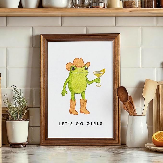 Gold Framed Funny Kitchen Wall Art 08x10 inch Cute Frog Cowboy Quotes Poster - Image 3