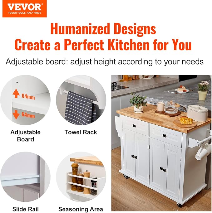 VEVOR Kitchen Island Cart with Solid Wood Top, 35.4" Width Mobile Carts with - Image 2