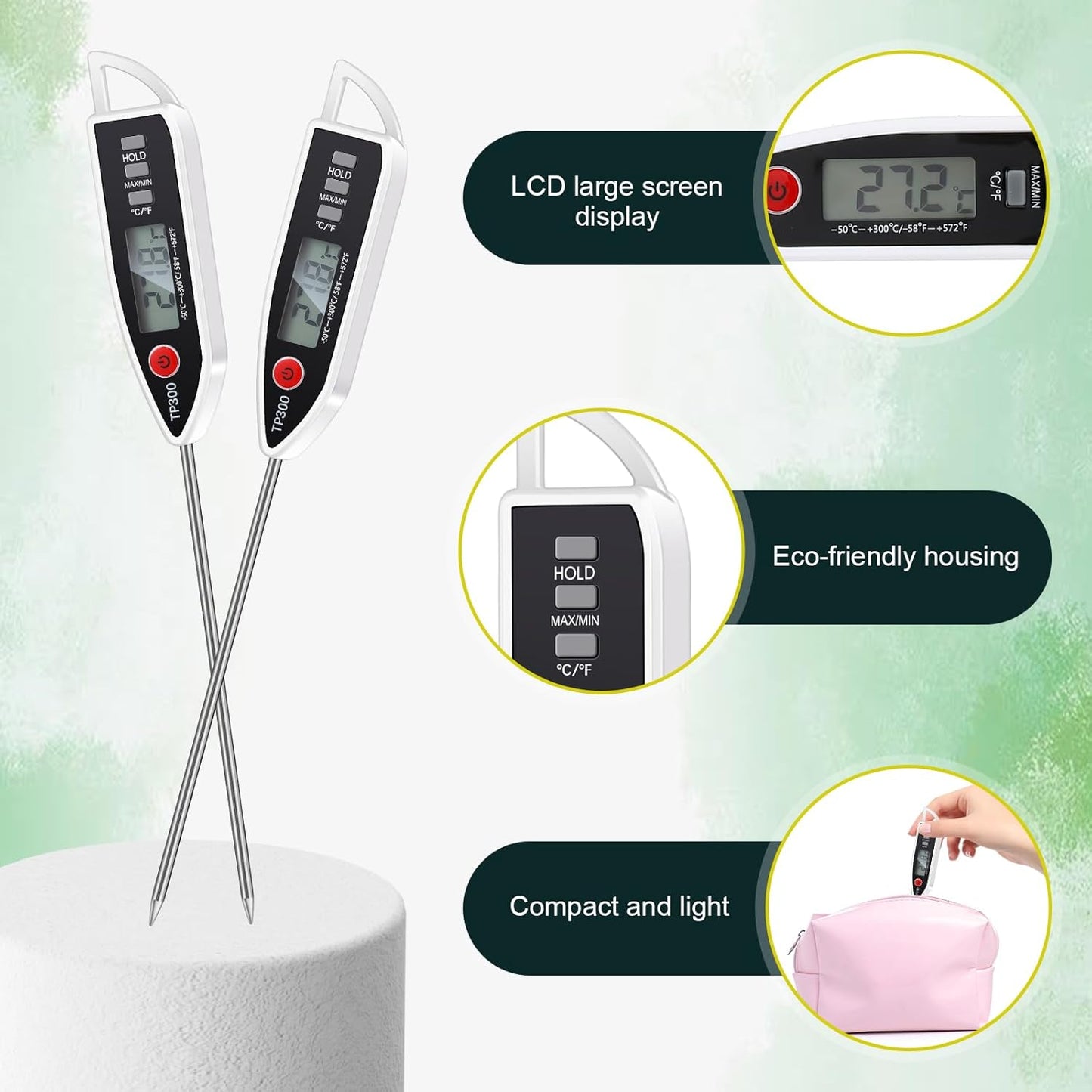 12 Set Waterproof Food Thermometer for Water, Liquid, Candle and Cooking Digital Meat Thermometer with Long Probe Instant Read for Kitchen BBQ Grill Candy (White)