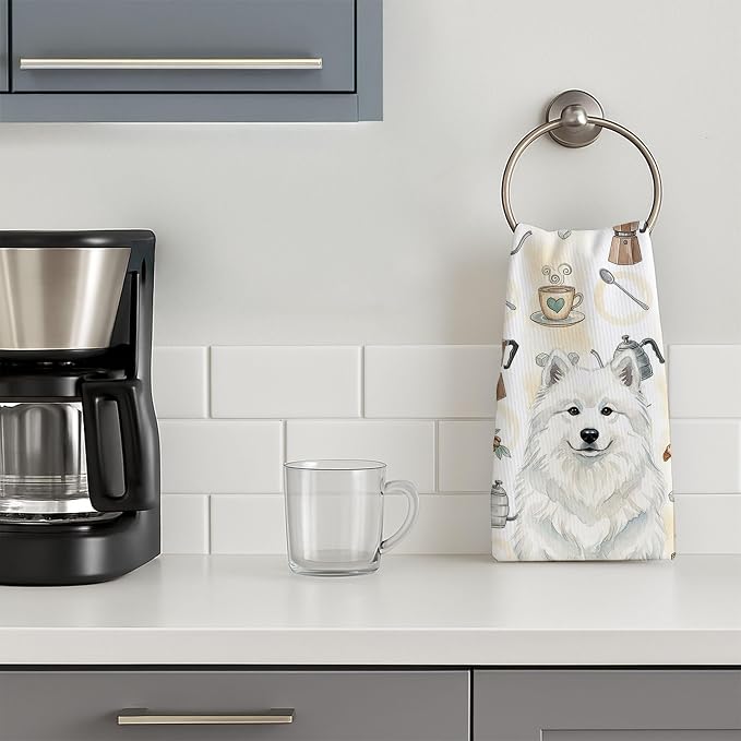 Caroline's Treasures White Samoyed Coffee Bar Kitchen Towel Velour Plush Front - Image 3