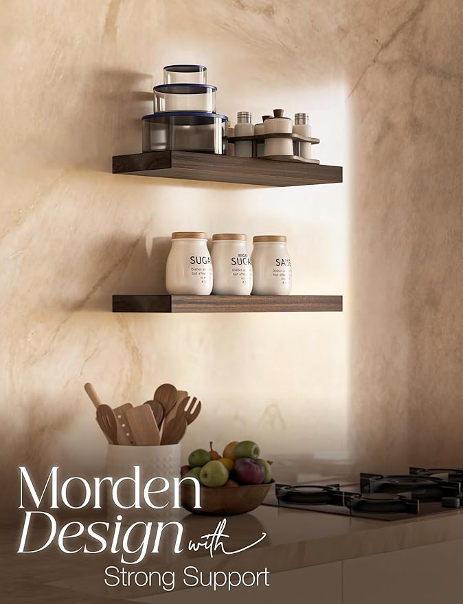 BATODA Set of 2 17" Acacia Wood Floating Shelves Wall Mounted – Rustic - Image 6