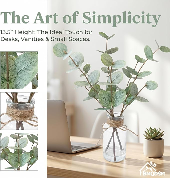 Artificial Eucalyptus Stems in Glass Vase - Image 3