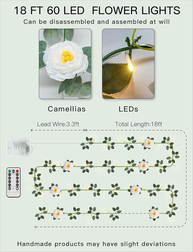 suddus Flower Garland with White Camellia Fairy Lights Indoor, 60 LED Vines - Image 6