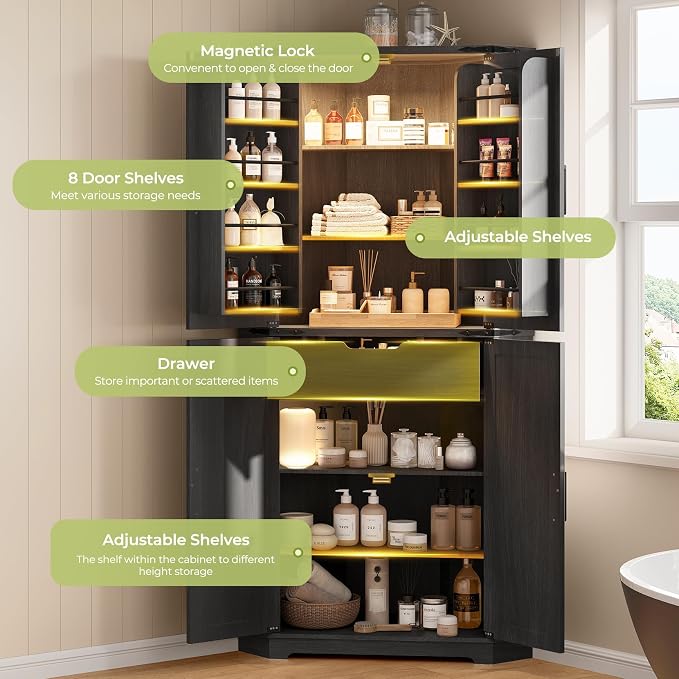 Dripex 71" Black Corner Pantry Cabinet, Farmhouse Tall Storage Cabinet - Image 6