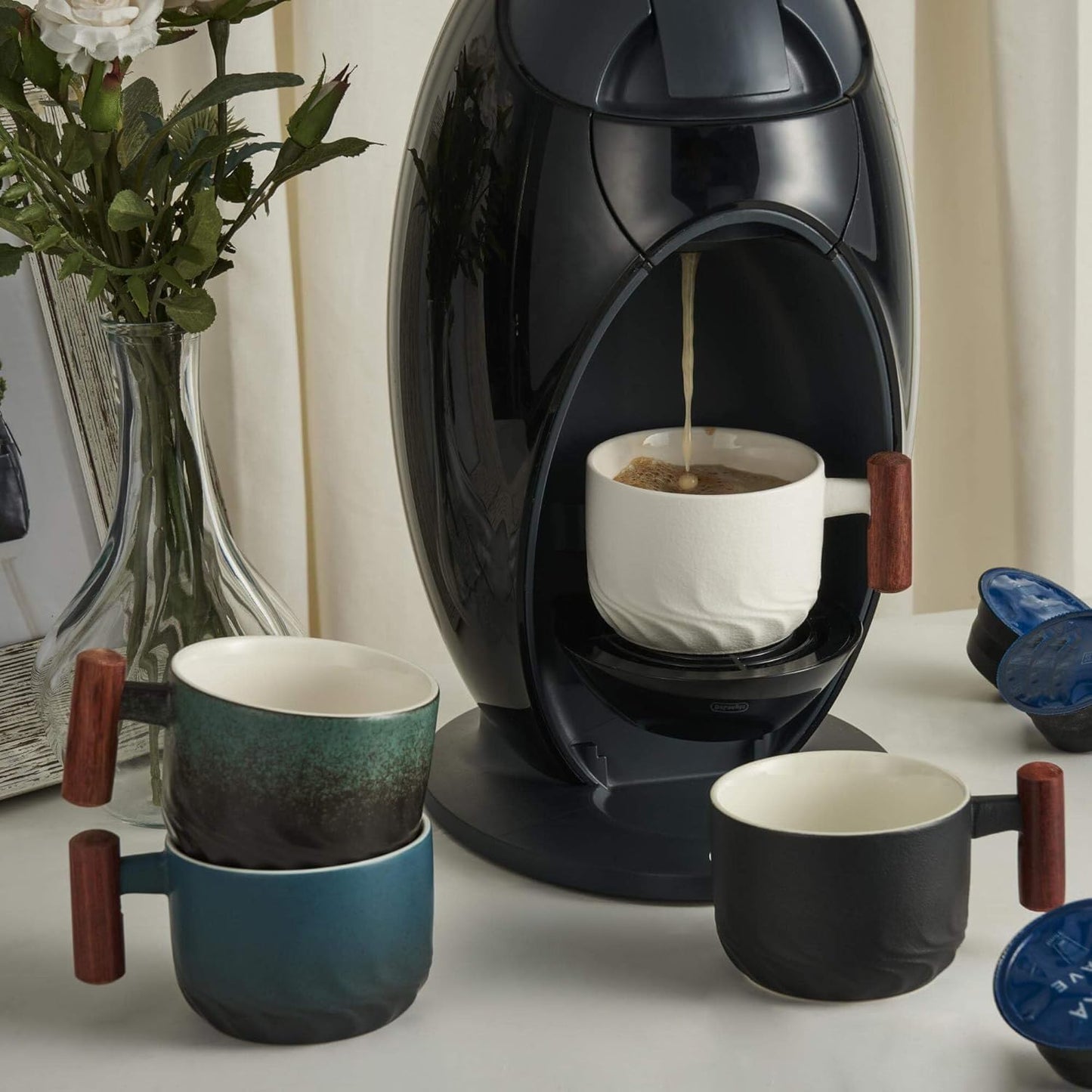 6 Oz Ceramic Espresso Mugs with Wooden Handle, Demitasse Cups for Double Shot Latte Cappuccino Lungo Tea Bag Beverage, Espresso Cups Set of 4