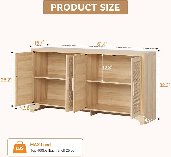 GarveeHome 4-Door Sideboard Buffet Cabinet, Natural Rattan Storage Cabinet - Image 2
