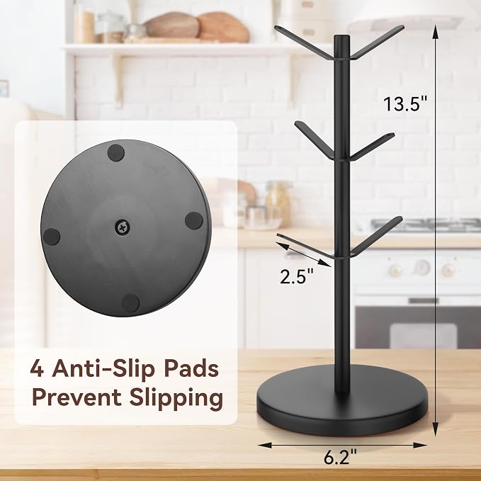 Coffee Mug Tree Holder Countertop, Non-Slip Walnut Wood Mug Rack - Image 2