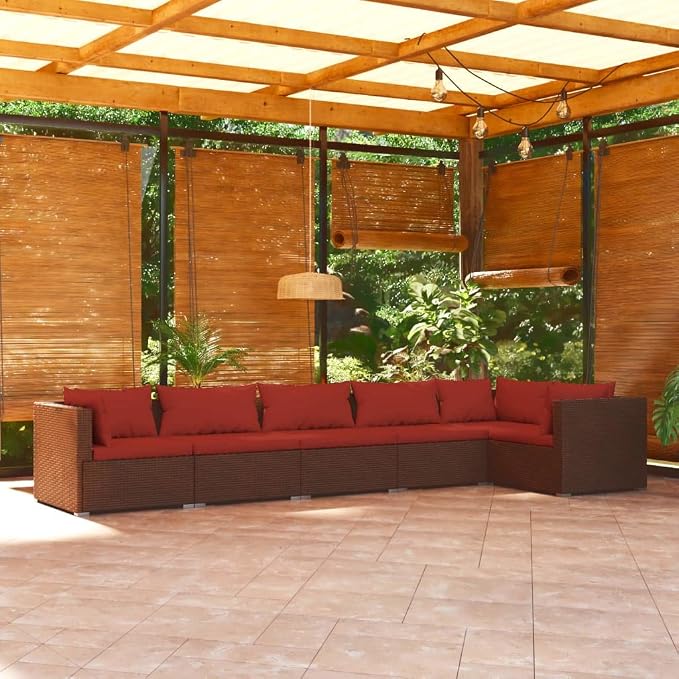 6 Piece Garden Lounge Set Brown PE Rattan Outdoor Sectional Sofa - Image 2