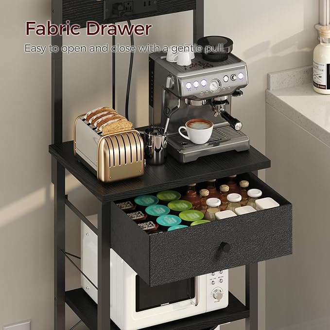 MAHANCRIS Bakers Rack with Drawer, Microwave Stand with Power Outlet, Coffee - Image 5