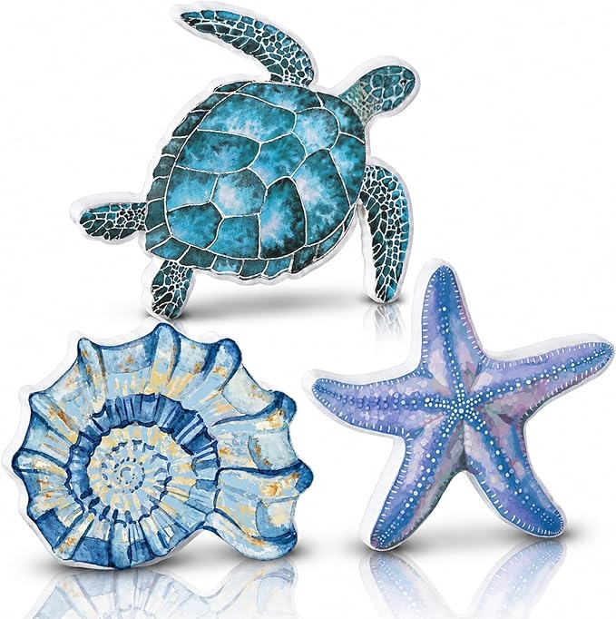 3 Pcs Beach Theme Wooden Tabletop, Sea Turtle Conch Starfish Decor Signs by VELANORIQUE