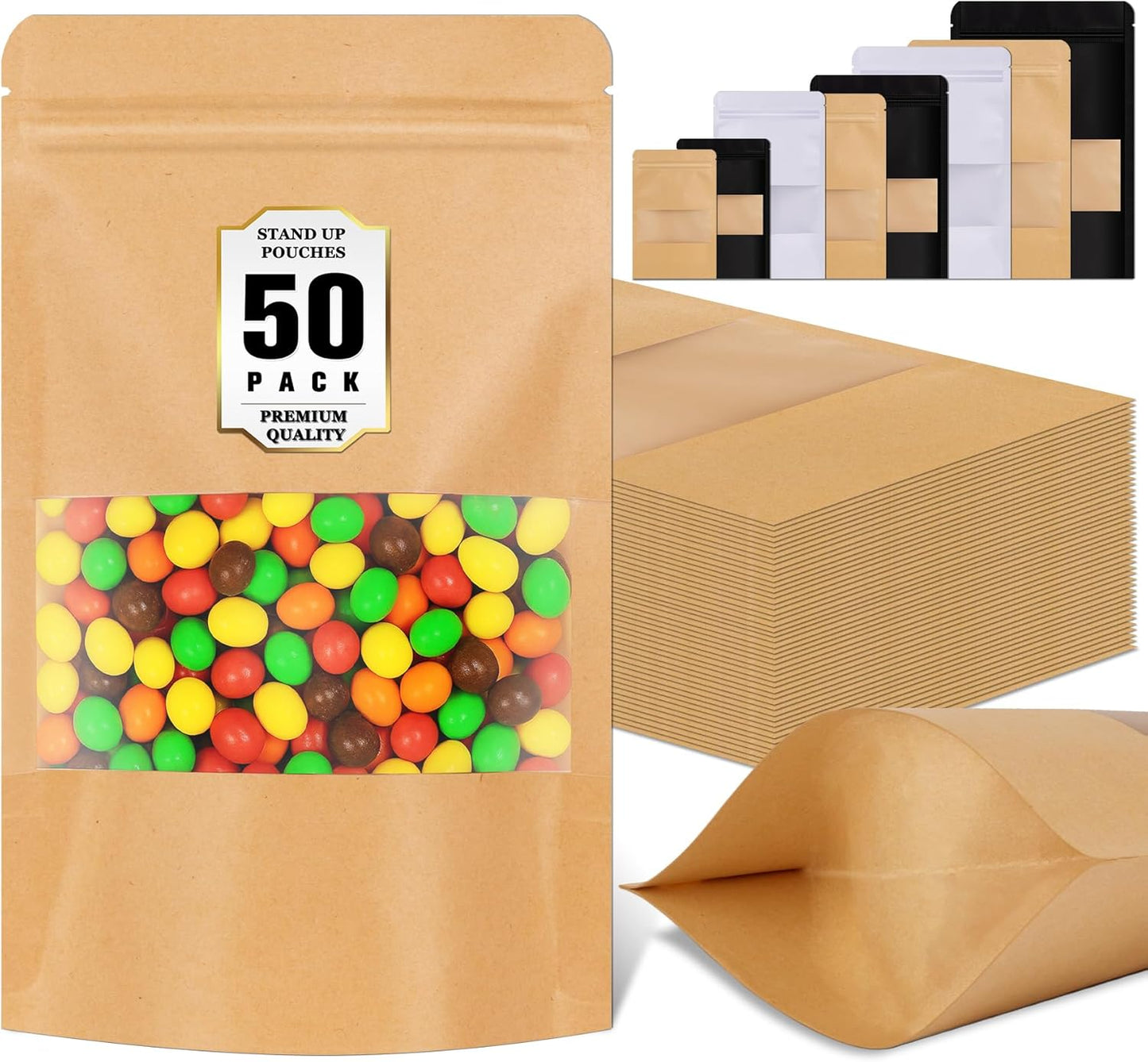 50 Pack Smell Proof Bag, Stand Up Zip Lock Bags, Cookie Bags with Seal, Resealable Pouches, Packing Bags for Cheese, Herbs, Coffee, Spice, Nuts, Soap, Bath Salts, Party Favors, Tea