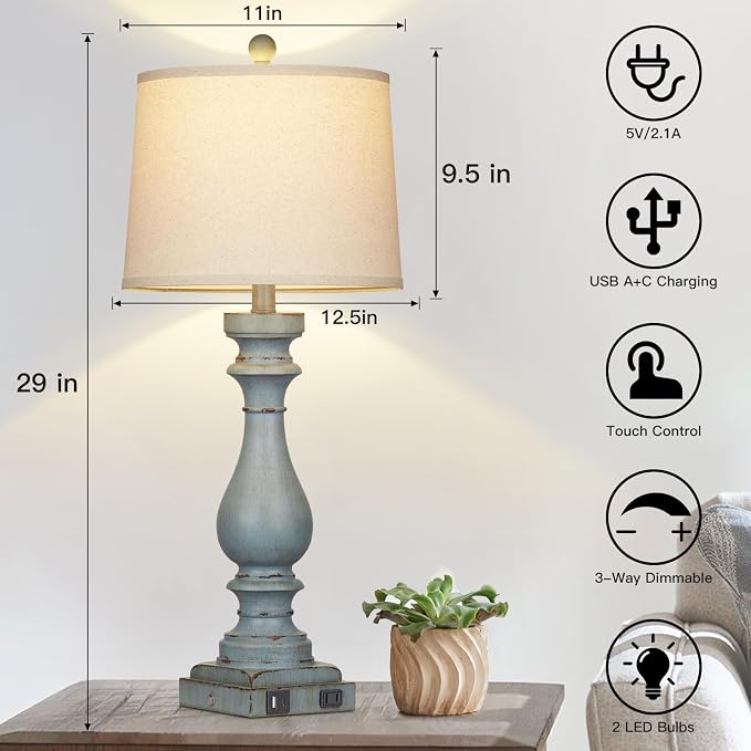 Cinkeda 29" Tall Table Lamp for Living Room Set of 2, Coastal Bedside - Image 2