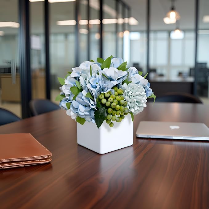 LADADA Fake Flowers in Ceramic Vase, Faux Hydrangea Flower Arrangements - Image 2