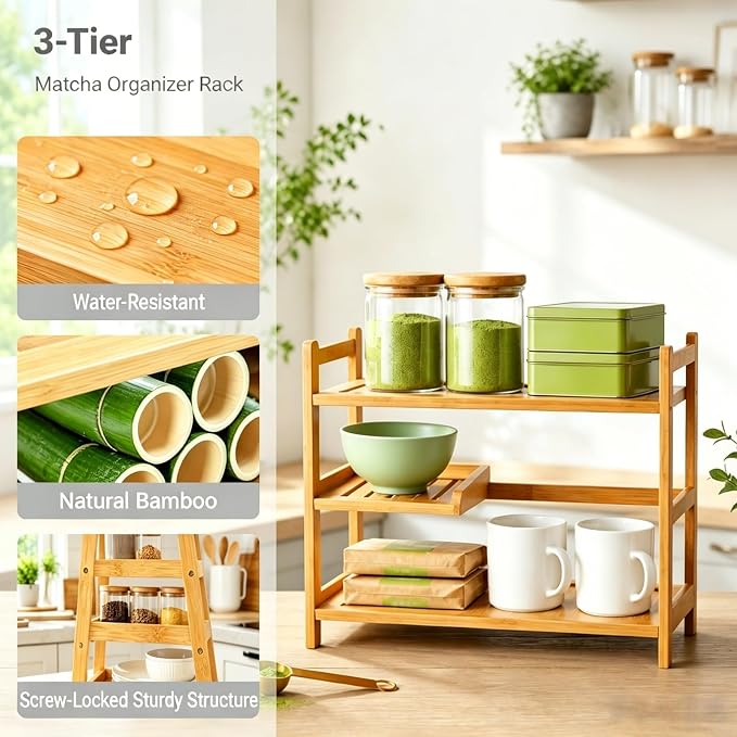 3 Tier Bamboo Matcha & Coffee Station, Countertop Organizer Shelf - Image 4