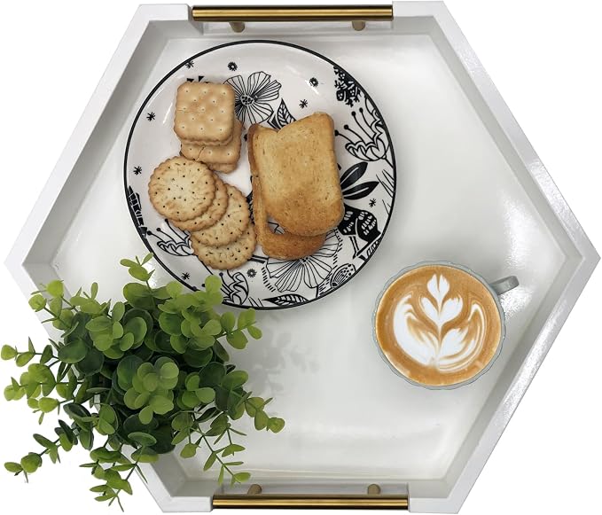 Serving Tray with Polished Metal Handles, Hexagon Coffee Table Tray, Modern - Image 7