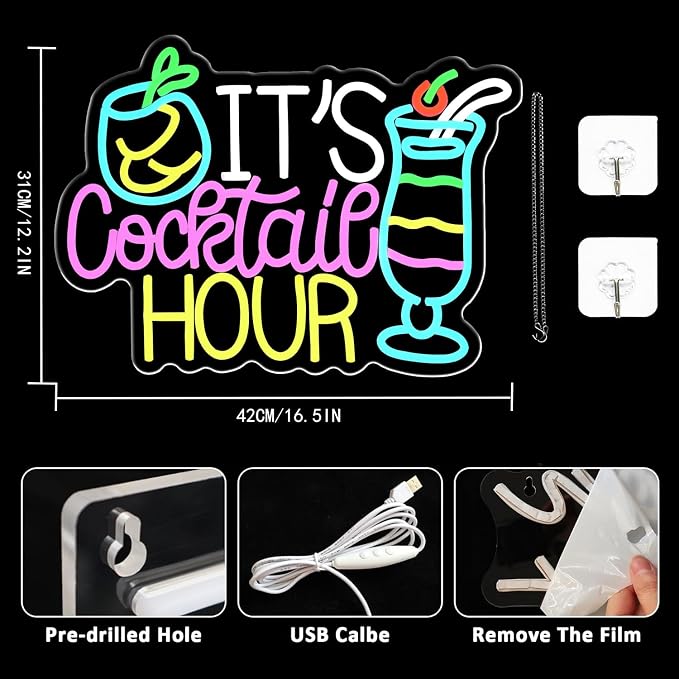 Cocktail Neon Sign It's Cocktail Hour Neon Light USB Dimmable LED Beer Signs - Image 2