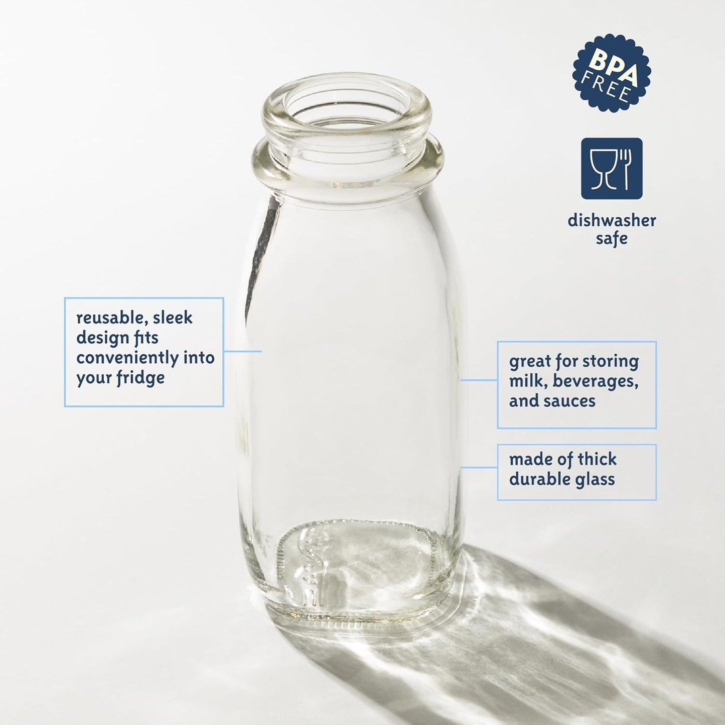 kitchentoolz 12 Oz Square Glass Milk Bottles with Lids (4 Pack) – Reusable Glass Creamer Bottles for Milk, Juice, and More – Includes Tamper-Proof Caps and One Silicone Pour Spout