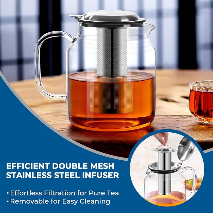 Aquach 68oz Glass Teapot with Infuser, Stovetop Safe Borosilicate Tea Pot | - Image 5