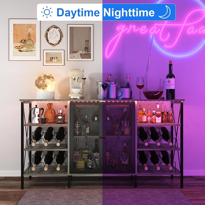 55" Wine Bar Cabinet with LED Light, Wine Rack & Glass Holder, Mesh Doors & - Image 3