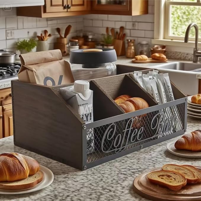 Coffee Station Organizer, Rustic Farmhouse Wood Condiment Storage Basket - Image 4