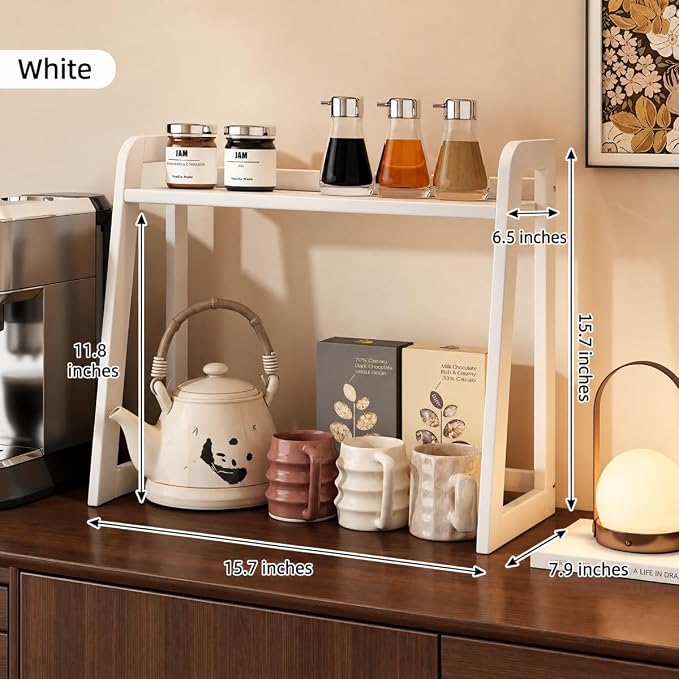 Natural Bamboo Coffee Station Organizer, 2-Tier Wooden Kitchen Counter Shelf - Image 3