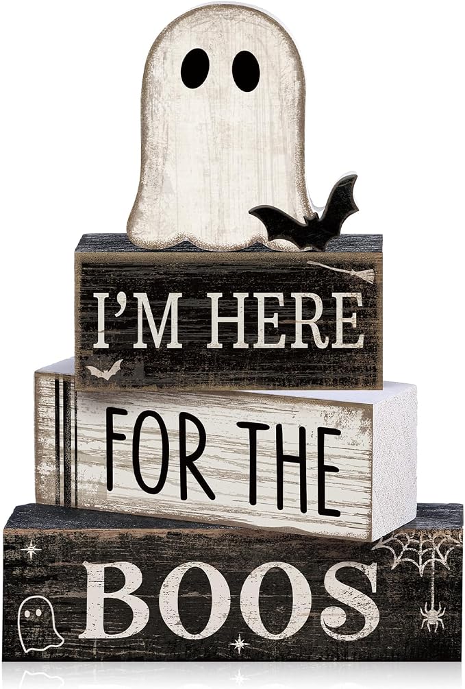 Lineshading 4 Pcs Halloween Table Decoration Wooden Ghost Tiered Tray Decor by Lineshading