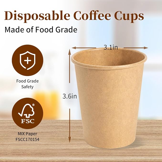 RACETOP 100 Pack Coffee Cups 8 oz, Disposable Coffee Cups, Kraft Paper Cups - Image 6