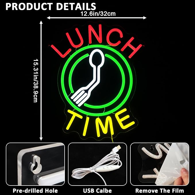 Lunch Time Neon Sign for Wall Decor, 15.3" x 12.6" Led Signs for Kitchen - Image 2